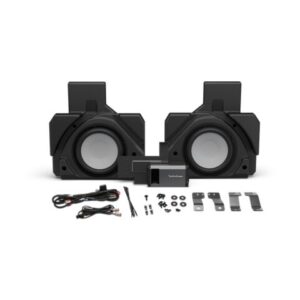 Professional studio monitor speakers with mounting hardware and cables.